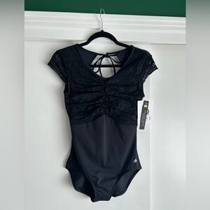 NWT Mariia Skye Black Lace Cap Sleeve Shirred Leotard with Open Back and Tie